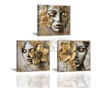 Piy Painting Impresión En Lienzo Dorado, Cuadro Mujeres Hermosas, Flor Lienzo Arte Pared, Romántica Cuadro Moderno Para Dormitorio Pasillo Cafetería, 3 Piezas 30x30cm /90x30cm