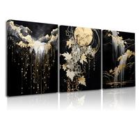 Piy Painting Impresión En Lienzo Negro y Amarillo, Cuadros Decorativos Abstractos, Cuadro En Lienzo Hojas, Fácil De Colgar Para Sala De Estar Despacho Sala De Reuniones Entrada, Set de 3, 30x40cm