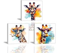 Piy Painting Lote de 3 Impresiones Con Marco Interno - Jirafa Con Gafas Cuadro Sobre Lienzo - Fotografía Animal Arte De La Pared para Habitaciones de Chico y Chica 30x30CM