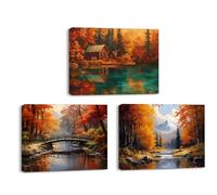 Piy Painting Paisaje Otoñal Pintura En Lienzo, Arte Mural En Lienzo Village, Pintura Mural Árbol De Arce, Impresiones Sobre Lienzo Para Salón Despacho Entrada Cafetería, Set De 3, 30x40cm (90x40cm)
