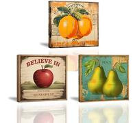 Piy Painting Set de 3 Cuadro en Lienzo de Póster Retro 30x30cm, Foto Impresiones sobre Lienzo de Frutas, Lienzos Decorativos para Cafetería Bar Restaurante Bar Cocina, con Marco Incorporado