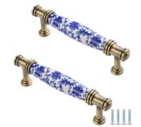 PIYYQNY Pomos Armario 2 Piezas Tiradores De Cerámica Tiradores De Cajón De Madera Vintage Manijas De Gabinete Para Dormitorio Baño Puerta De Gabinete De Cocina(Porcelana Azul Y Blanca 128mm)