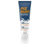 Piz Buin Mountain Sun Cream 50 SPF + Lipstick 30 SPF (20 ml), producto 2 en 1 con protección solar para deportes de alta montaña, protector solar facial 50 y protector labial 30