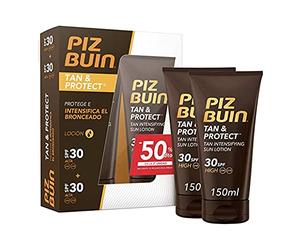Piz Buin. Tan & Protect. Loción solar intensificadora de bronceado con protector SPF 30, pack de 2 unidades de 150ml c/u
