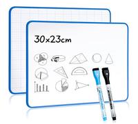 Pizarra blanca borrable A4, 30,3 x 22,7 cm, pizarra escolar de doble cara, borrable en seco, un lado impreso con una cuadrícula la otra blanca, con un bolígrafo de punta fina de fieltro negro y un
