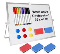 Pizarra Blanca Magnética, 30 x 40 cm Pizarra Rotulador Borrable con Soporte, con 10 Whiteboard Bolígrafo + 6 Imanes + 5 Borrador de Pizarra Blanca, para Escuelas, Familias, Oficinas