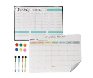 Pizarra blanca magnética Relaxdays para nevera, planificador semanal y mensual, borrable, 4 rotuladores, 6 imanes