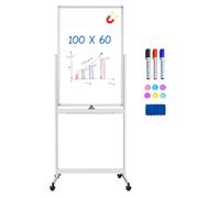 Pizarra blanca móvil, 100 x 60 cm, doble cara, borrado en seco, marco de aluminio, con ruedas