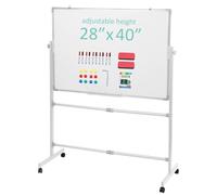 Pizarra blanca móvil sobre ruedas con soporte, pizarra blanca reversible de doble cara de 40 x 28 pulgadas y caballete rodante de altura ajustable, incluye 10 marcadores, 12 imanes, 2 borradores de