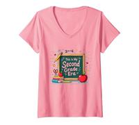 Pizarra de Suministros Escolares This is My Second Grade Era Camiseta Cuello V, Mujer, Rosado, XXL