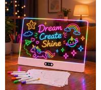 Pizarra LED Infantil con Pantalla Digital de Batería, 35 × 26 cm, Pizarra Acrílica Reutilizable, 8 Colores LED, 7 Rotuladores Neón, Tablero para Dibujar, Regalo para Niños, Oficina y Decoración