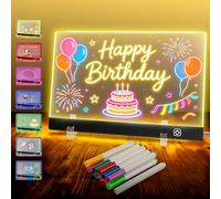 Pizarra LED para niños de 30 x 20 cm, con 7 colores de luz y 12 lápices, acrílico transparente con 9 modos de luz, incluye soporte y gancho, se puede limpiar con un paño