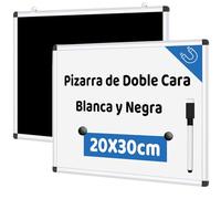 Pizarra Magnética de Doble Cara Blanca y Negra, Pizarra de Borrado en Seco con Marco de Aluminio - Incluye Rotulador con Goma y Imanes para Sujetar, Medida 20x30cm