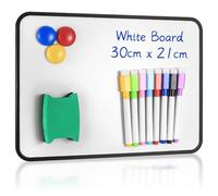 Pizarras Blancas de Borrado en Seco, Tamaño A4 Pizarras Blancas Pequeñas de Doble Cara, con Rotuladores de Borrado en Seco, Borrador, Imanes para Escuela Hogar Oficina Dibujo Escritura, 30x21 cm