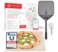 Pizza Lover Juego de piedras para pizza premium para horno y barbacoa, 4 en 1, incluye pala perforada para pizza + piedra para pizza hasta 800 °C de cordierita + cortador de pizza y libro de recetas