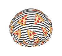 Pizza Slice Black Stripes Food Fabric Gorro de ducha impermeable, Gorro de baño elástico Gorro de baño de protección ambiental Gorros de baño para el cabello, Capas impermeables dobles Gorro de duch