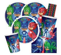 PJ Masks - Juego de 36 platos de papel, vasos, servilletas y 8 pajitas para cumpleaños infantiles