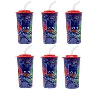 PJ Masks - Juego de 6 vasos deportivos reutilizables de 16 onzas con tapas y popotes, sin BPA