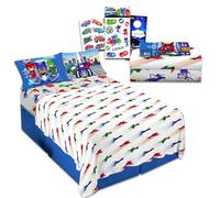 PJ Masks - Juego de sábanas de PJ Masks para cama individual incluye 1 sábana encimera de PJ Masks, 1 sábana bajera de PJ Masks, 2 fundas de almohada PJ Masks, más | Juego de sábanas PJ Masks