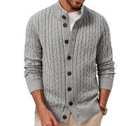 PJ PAUL JONES Cárdigan de punto trenzado con botones para hombre con cuello alto, gris, XL