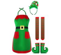 Pjeghbvop Disfraz de Navidad, a rayas, medias de muslo, cinturón, delantal, orejas de elfo, diadema, zapatos, Navidad, Papá Noel, traje de ayudante de Papá Noel, vacaciones para mujer, adultos