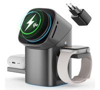 PKBD-2025 Estación Carga 3 en 1, Cargador mag-Safe 15W Rápido Giratorio 180° para iPhone 16/15/14/AirPods/Apple Watch + Ventilador (Incluye Adaptador 30W)