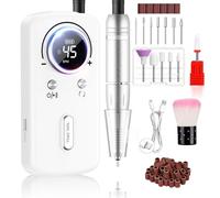 PKBD 45000RPM Professional Portable Nail Drill Machine for Gel Nails, Rechargeable Electric Nail Files Set with 11 bits and LCD Display, White