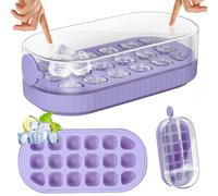 PKBD Cubitera con Tapa y Recipiente, Moldes Silicona para Cubitos de Hielo de 18 Piezas para Congelador, Fácil Apertura, Llenado Rápido Sin Tocar, Cubitera para Cóctel de Whisky, Té, Café, Violeta