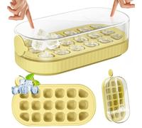 PKBD Cubitera con Tapa y Recipiente, Moldes Silicona para Cubitos de Hielo de 18 Piezas para Congelador, Fácil Apertura, Llenado Rápido Sin Tocar, Cubitera para Cóctel de Whisky, Té, Café, Amarillo