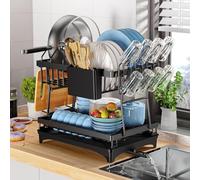 PKBD Escurridor Grande de 2 Niveles con Bandeja de Goteo, escurridor de Platos Desmontable con Boquilla de Drenaje giratoria, Soporte para Tabla de Cortar, Soporte para Tazas, Estante Organizador con