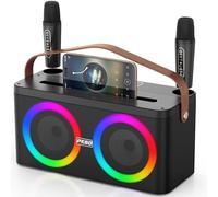 PKBD Máquina de Karaoke con Soporte para Teléfono/Pad, Altavoz Bluetooth Portátil con 2 Micrófonos Inalámbricos/Luces LED/Sistema PA para Fiestas en Casa, Regalos de Cumpleaños