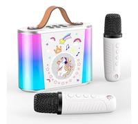 PKBD Máquina de Karaoke para niños y Adultos, Altavoz Bluetooth portátil con 2 micrófonos inalámbricos Mini, Regalos para niños y niñas de 3 a 18 años, familias, Fiestas de cumpleaños (Blanco)