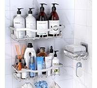 PKPD Acero Inoxidable Organizador Estanteria Baño Sin Tornillos 3 Piezas, Accesorios Baño con Jabonera, Estanteria Ducha, Organizador Ducha sin Taladro, Plata