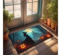 PKRD Alfombra con capas para porche delantero, diseño de bruja con calabazas delante de un castillo, decoración para cueva de hombre, alfombra de bienvenida para puerta delantera interior (40 x 60 cm)