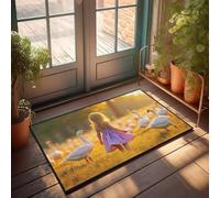 PKRD Alfombra con capas para porche delantero, una niña con un vestido morado camina entre gansos en un campo dorado. Felpudo decorativo para puerta de entrada interior (40 x 60 cm)