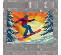 PKRD Decoración de cueva para hombre, snowboarder, con chaqueta roja, montando por la ladera nevada con árboles a cada lado. Tapiz para decoración de bar al aire libre (100 x 150 cm)