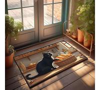PKRD Divertida decoración de habitación, un gato negro se sienta junto a una cesta de pan en una cocina acogedora. Felpudo al aire libre de otoño para baño (65 x 90 cm)