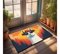 PKRD Divertida decoración de habitación, una llama con gafas de sol y un sombrero se coloca frente a un colorido felpudo de atardecer, alfombra de otoño al aire libre para el baño (50 x 80 cm)