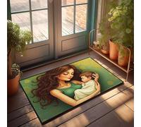PKRD Divertida decoración para bar, una mujer que acuna a su bebé durmiendo, rodeada de patrones de remolinos. Felpudo para decoración exterior para porche interior de puerta delantera (65 x 90 cm)