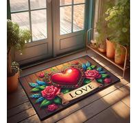 PKRD Felpudo con texto divertido con un marco en forma de corazón adornado con rosas y la palabra amor debajo. Felpudo de bienvenida para interiores y exteriores, para patio, 65 x 90 cm