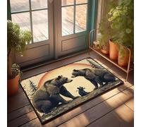 PKRD Felpudo de bienvenida para puerta delantera, exterior, dos osos adultos y un cachorro delante de un bosque. Felpudo de granja para exteriores (65 x 90 cm)