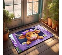 PKRD Felpudo de otoño para interiores con una bonita vaca con un lazo morado que se asoma por una ventana, rodeado de flores. Felpudo para adolescentes Stuff Home Sweet Home (40 x 60 cm)