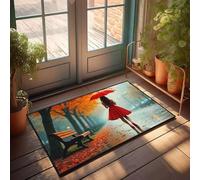 PKRD Felpudo de otoño para interiores, una mujer con un vestido rojo camina bajo un paraguas en un día lluvioso de otoño. Felpudo para adolescentes Stuff Home Sweet Home (65 x 90 cm)