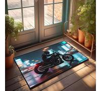 PKRD Felpudo decorativo y accesorios para cuevas de hombre, motociclista, paseos a través del paisaje urbano iluminado de neón, felpudo de otoño, decoración de puerta, entrada al aire libre, divertido