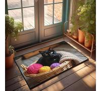 PKRD Felpudo grande para exteriores con diseño de gato negro sentado en una cesta con bolas de hilo de colores. Felpudo para puerta delantera, decoración de oficina grande para hombres (65 x 90 cm)