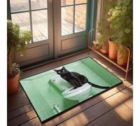 PKRD Felpudo grande para exteriores, diseño de gato negro sentado en un inodoro en un baño verde, felpudo para puerta delantera, decoración de oficina grande para hombres (40 x 60 cm)