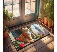 PKRD Felpudo grande para puerta delantera con diseño de gato jengibre sentado en un balcón adornado con rosas rojas, con vistas a un paisaje urbano. Felpudo para decoración de habitación de