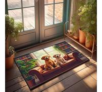PKRD Felpudo interior para puerta delantera, dos cachorros sentados en un acogedor sofá en una habitación llena de libros. Felpudo de verano al aire libre, tapete divertido para puerta delantera (50 x