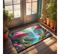PKRD Felpudo interior para puerta delantera, un bosque mágico con hongos gigantes, mariposas y una cascada. Felpudo de verano al aire libre, tapete divertido para puerta delantera (65 x 90 cm)