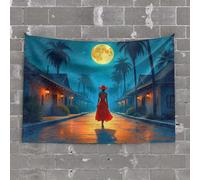 PKRD Funny Sogns - Tapiz con diseño de mujer con un vestido rojo camina bajo una luna llena, rodeado de palmeras. Tapiz para hombre, decoración divertida para patio (100 x 150 cm)